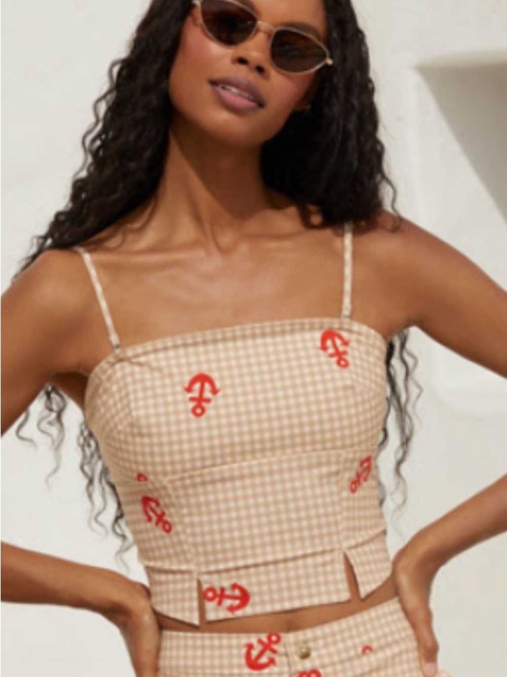 NWT Anthropologie Beige Gingham Crop Top with Red Anchor Motif